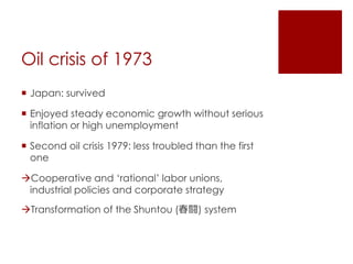 Oil crisis of 1973 
 Japan: survived 
 Enjoyed steady economic growth without serious 
inflation or high unemployment 
 Second oil crisis 1979: less troubled than the first 
one 
Cooperative and ‘rational’ labor unions, 
industrial policies and corporate strategy 
Transformation of the Shuntou (春闘) system 
 