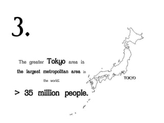 3.
The greater Tokyo area is
the largest metropolitan area in
the world:

> 35 million people.

x
TOKYO

 