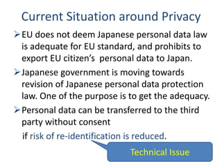 Current Situation around Privacy
EU does not deem Japanese personal data law
is adequate for EU standard, and prohibits to
export EU citizen’s personal data to Japan.
Japanese government is moving towards
revision of Japanese personal data protection
law. One of the purpose is to get the adequacy.
Personal data can be transferred to the third
party without consent
if risk of re-identification is reduced.
Technical Issue
 