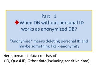 Part 1
◆When DB without personal ID
works as anonymized DB?
“Anonymize” means deleting personal ID and
maybe something like k-anonymity
Here, personal data consists of
(ID, Quasi ID, Other date(including sensitive data).
 
