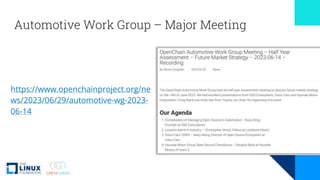 Automotive Work Group – Major Meeting
https://www.openchainproject.org/ne
ws/2023/06/29/automotive-wg-2023-
06-14
 