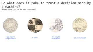 Is it fair?
Is it easy to
understand?
Is it accountable?
So what does it take to trust a decision made by
a machine?
(Other than that it is 99% accurate)?
Did anyone
tamper with it?
#21, #32, #93
#21, #32, #93
 