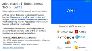 137/25/2020
LightGBM
GPy
Supported ML/DL frameworks:
30+ SOTA attacks (evasion, poisoning, extraction, inference)
25+ baseline defenses
Modules for detection, metrics and certification
 
