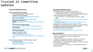 Trusted AI Committee
Updates
2
Technical Working Group:
Topics presented and discussed
AI Fairness 360: MLOps Section created
Kubeflow Pipelines Integration
https://github.com/IBM/AIF360/tree/master/mlops/kubeflow
Apache Nifi Integration:
https://github.com/IBM/AIF360/tree/master/mlops/nifi
SKLearn API support for
AIF360https://github.com/IBM/AIF360/tree/master/aif360/skle
arn
The AI Fairness 360 R package
https://github.com/IBM/AIF360/tree/master/aif360/aif360-r
AI Factsheets
https://www.ibm.com/blogs/research/2018/08/factsheets-ai/
KFServing Integration
http://bit.ly/kubeflow-trusted-ai
KPMG: Trusted AI in field
https://lists.lfai.foundation/g/trustedai-
committee/files/KPMG%20AI%20in%20Control%20May14202
0.pdf
Adversarial Robustness 360: MLOps Section created
Kubeflow Integration
https://github.com/IBM/adversarial-robustness-
toolbox/tree/master/mlops
Principles Working Group:
Materials submitted to Trusted AI Committee from
--- Orange (document draft 4.1 dated 12 August 2019)
--- AT&T (Working Draft Artificial Intelligence Operating Principles
Under Development version dated Nov 7, 2019 )
--- TenCent (Jeff Cao - Tencent Research Institute - slides)
--- IBM (
https://wiki.lfai.foundation/display/DL/Trusted+AI+Committee#TrustedAICom
mittee-Assets)
--- Institute of Ethical AI https://github.com/EthicalML/awesome-
artificial-intelligence-guidelines https://ethical.institute/
Initial PWG Trusted AI documents produced. Tencent, Orange
and IBM have signed off. Seeking an AT&T signoff
Orange Responsible AI Presentation
https://lists.lfai.foundation/g/trustedai-
committee/files/2020_Responsable_AI_Orange_LFAI.pdf
Upcoming Work::
Finalize the LFAI Principle document outlining, among other things-
-- scope - who creates AI - humans or machines/AIs
-- bias in definitions
-- consider how to organize principles - perhaps in a hierarchy
- particular contribution of document: linking principles to
implementation; incorporating global principles and thinking, linking
to business throug use cases
-- more on correlation to business e.g., how explainability links to
business (edited)
 