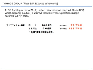 VOYAGE GROUP [Fluct SSP & Zucks adnetwork] 
See blue bar, VOYAGE ad tech business grew much faster than last year.  