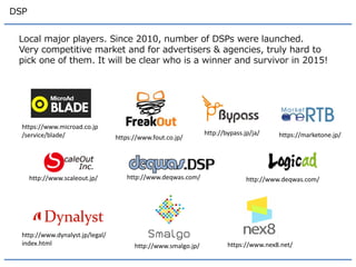 DSP 
Local major players. Since 2010, number of DSPs were launched. Very competitive market and for advertisers & agencies, truly hard to pick one of them. It will be clear who is a winner and survivor in 2015! 
http://www.deqwas.com/ 
http://www.deqwas.com/ 
http://www.scaleout.jp/ 
https://www.microad.co.jp/service/blade/ 
https://www.fout.co.jp/ 
http://bypass.jp/ja/ 
https://marketone.jp/ 
http://www.dynalyst.jp/legal/ index.html 
http://www.smalgo.jp/ 
https://www.nex8.net/  