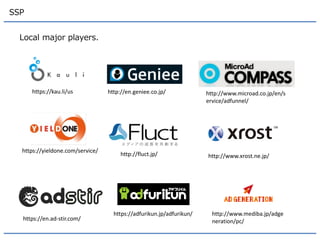 SSP 
Local major players. 
https://kau.li/us 
http://en.geniee.co.jp/ 
http://www.microad.co.jp/en/service/adfunnel/ 
https://yieldone.com/service/ 
https://en.ad-stir.com/ 
http://fluct.jp/ 
http://www.xrost.ne.jp/ 
https://adfurikun.jp/adfurikun/ 
http://www.mediba.jp/adgeneration/pc/  