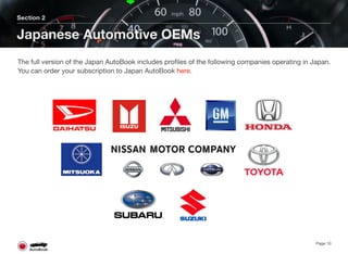 Section 2
Japanese Automotive OEMs
Page 10
The full version of the Japan AutoBook includes proﬁles of the following companies operating in Japan. 
You can order your subscription to Japan AutoBook here.
 