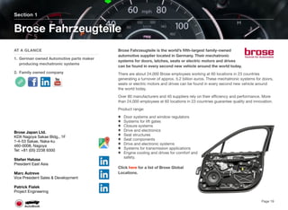 Brose Fahrzeugteile is the world’s ﬁfth-largest family-owned
automotive supplier located in Germany. Their mechatronic
systems for doors, latches, seats or electric motors and drives
can be found in every second new vehicle around the world today.
There are about 24,000 Brose employees working at 60 locations in 23 countries
generating a turnover of approx. 5.2 billion euros. These mechatronic systems for doors,
seats or electric motors and drives can be found in every second new vehicle around
the world today.
Over 80 manufacturers and 40 suppliers rely on their eﬃciency and performance. More
than 24,000 employees at 60 locations in 23 countries guarantee quality and innovation.
Product range:
Door systems and window regulators
Systems for lift gates
Closure systems
Drive and electronics
Seat structures
Seat components
Drive and electronic systems
Systems for transmission applications
Engine cooling and drives for comfort and
safety.
Click here for a list of Brose Global
Locations.
Section 1
AT A GLANCE
1. German owned Automotive parts maker
producing mechatronic systems
2. Family owned company
Brose Fahrzeugteile
Page 19
Brose Japan Ltd.
KDX Nagoya Sakae Bldg., 1F
1-4-53 Sakae, Naka-ku
460-0008, Nagoya
Tel: +81 (05) 2238 9300
Stefan Halusa
President East Asia
Marc Autreve
Vice President Sales & Development
Patrick Fialek
Project Engineering
 