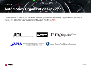 Section 2
Automotive Organizations in Japan
Page 29
The full version of the Japan AutoBook includes proﬁles of the following organizations operating in
Japan. You can order your subscription to Japan AutoBook here.
 