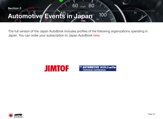 Section 2
Automotive Events in Japan
Page 32
The full version of the Japan AutoBook includes proﬁles of the following organizations operating in
Japan. You can order your subscription to Japan AutoBook here.
 