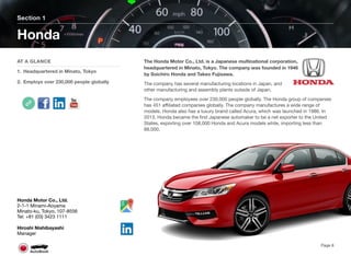 The Honda Motor Co., Ltd. is a Japanese multinational corporation,
headquartered in Minato, Tokyo. The company was founded in 1946
by Soichiro Honda and Takeo Fujisawa.
The company has several manufacturing locations in Japan, and
other manufacturing and assembly plants outside of Japan.
The company employees over 230,000 people globally. The Honda group of companies
has 451 aﬃliated companies globally. The company manufactures a wide range of
models. Honda also has a luxury brand called Acura, which was launched in 1986. In
2013, Honda became the ﬁrst Japanese automaker to be a net exporter to the United
States, exporting over 108,000 Honda and Acura models while, importing less than
88,000.
Section 1
AT A GLANCE
1. Headquartered in Minato, Tokyo
2. Employs over 230,000 people globally
Honda
Page 8
Honda Motor Co., Ltd. 
2-1-1 Minami-Aoyama
Minato-ku, Tokyo, 107-8556
Tel: +81 (03) 3423 1111
Hiroshi Nishibayashi
Manager
 