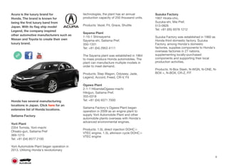Acura is the luxury brand for
Honda. The brand is known for
being the ﬁrst luxury band from
Japan. With its ﬂag ship model
Legend, the company inspired
other automotive manufacturers such as
Nissan and Toyota to create their own
luxury brand.
Honda has several manufacturing
locations in Japan. Click here for an
extensive list of Honda locations.
Saitama Factory
Yorii Plant
2354 Tomida, Yorii-machi
Ohsato-gun, Saitama Pref
369-1215
Tel: +81 (04) 8577 2100
Yorii Automobile Plant began operation in
2013. Utilizing Honda's revolutionary
technologies, the plant has an annual
production capacity of 250 thousand units.
Products: Vezel, Fit, Grace, Shuttle
Sayama Plant
1-10-1 Shinsayama
Sayama-shi, Saitama Pref.
350-1331
Tel: +81 (04) 2953 4111
The Sayama plant was established in 1964
to mass produce Honda automobiles. The
plant can manufacture multiple models in
order to meet demand.
Products: Step Wagon, Odyssey, Jade,
Legend, Accord, Freed, CR-V, Fit
Ogawa Plant
2-1-1 HibaridaiOgawa-machi
Hikigun, Saitama Pref.
355-0318
Tel: +81 (04) 9371 7000
Saitama Factory's Ogawa Plant began
operation in 2009 as an engine plant to
supply Yorii Automobile Plant and other
automobile plants overseas with Honda's
advanced environmental engines.
Products: 1.5L direct injection DOHC i-
VTEC engine, 1.5L atkinson cycle DOHC i-
VTEC engine
Suzuka Factory
1907 Hirata-cho,
Suzuka-shi, Mie Pref.
513-0826
Tel: +81 (05) 9378 1212
Suzuka Factory was established in 1960 as
Honda third domestic factory. Suzuka
Factory, among Honda's domestic
factories, supplies components to Honda's
overseas factories in 27 nations,
supplementing locally-purchased
components and supporting their local
production activities.
Products: N-Box Slash, N-WGN, N-ONE, N-
BOX +, N-BOX, CR-Z, FIT
9
 