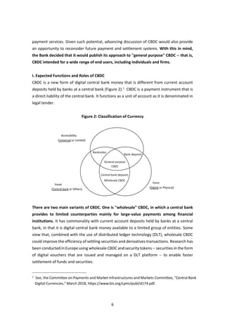 6
payment services. Given such potential, advancing discussion of CBDC would also provide
an opportunity to reconsider future payment and settlement systems. With this in mind,
the Bank decided that it would publish its approach to "general purpose" CBDC -- that is,
CBDC intended for a wide range of end users, including individuals and firms.
I. Expected Functions and Roles of CBDC
CBDC is a new form of digital central bank money that is different from current account
deposits held by banks at a central bank (Figure 2).1
CBDC is a payment instrument that is
a direct liability of the central bank. It functions as a unit of account as it is denominated in
legal tender.
Figure 2: Classification of Currency
There are two main variants of CBDC. One is "wholesale" CBDC, in which a central bank
provides to limited counterparties mainly for large-value payments among financial
institutions. It has commonality with current account deposits held by banks at a central
bank, in that it is digital central bank money available to a limited group of entities. Some
view that, combined with the use of distributed ledger technology (DLT), wholesale CBDC
could improve the efficiency of settling securities and derivatives transactions. Research has
been conducted in Europe using wholesale CBDC and security tokens -- securities in the form
of digital vouchers that are issued and managed on a DLT platform -- to enable faster
settlement of funds and securities.
1
See, the Committee on Payments and Market Infrastructures and Markets Committee, "Central Bank
Digital Currencies," March 2018, https://www.bis.org/cpmi/publ/d174.pdf.
Issuer
(Central bank or Others)
Accessibility
(Universal or Limited)
Form
(Digital or Physical)
 