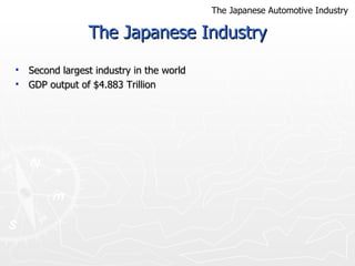 The Japanese Industry Second largest industry in the world GDP output of $4.883 Trillion  The Japanese Automotive Industry 