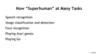16
Now “Superhuman” at Many Tasks
Speech recognition
Image classification and detection
Face recognition
Playing Atari games
Playing Go
 