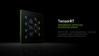 29
TensorRT
PERFORMANCE OPTIMIZING
INFERENCING ENGINE
FP32, FP16, INT8 | Vertical & Horizontal Fusion | Auto-Tuning
VGG, GoogLeNet, ResNet, AlexNet & Custom Layers
Available Today: developer.nvidia.com/tensorrt
 