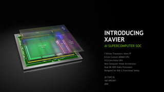 36
INTRODUCING
XAVIER
AI SUPERCOMPUTER SOC
7 Billion Transistors 16nm FF
8 Core Custom ARM64 CPU
512 Core Volta GPU
New Computer Vision Accelerator
Dual 8K HDR Video Processors
Designed for ASIL C Functional Safety
20 TOPS DL
160 SPECINT
20W
 