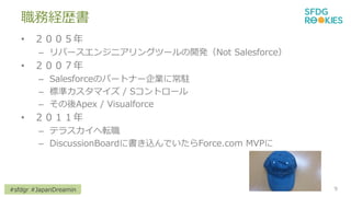 #sfdgr #JapanDreamin
սUs
? 
C Щ`󥸥˥󥰥ĩ`_kNot Salesforce
? 
C SalesforceΥѩ`ȥʩ`I˳v
C ˜ʥޥ / Sȥ`
C Apex / Visualforce
? 
C ƥ饹ܞ
C DiscussionBoard˕zǤForce.com MVP
9
 