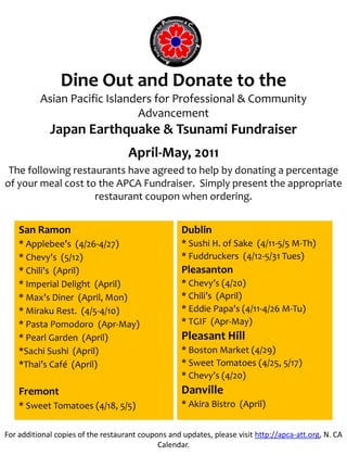 Dine Out and Donate to the
          Asian Pacific Islanders for Professional & Community
                              Advancement
             Japan Earthquake & Tsunami Fundraiser
                                    April-May, 2011
 The following restaurants have agreed to help by donating a percentage
of your meal cost to the APCA Fundraiser. Simply present the appropriate
                    restaurant coupon when ordering.


    San Ramon                                       Dublin
    * Applebee’s (4/26-4/27)                        * Sushi H. of Sake (4/11-5/5 M-Th)
    * Chevy’s (5/12)                                * Fuddruckers (4/12-5/31 Tues)
    * Chili’s (April)                               Pleasanton
    * Imperial Delight (April)                      * Chevy’s (4/20)
    * Max’s Diner (April, Mon)                      * Chili’s (April)
    * Miraku Rest. (4/5-4/10)                       * Eddie Papa’s (4/11-4/26 M-Tu)
    * Pasta Pomodoro (Apr-May)                      * TGIF (Apr-May)
    * Pearl Garden (April)                          Pleasant Hill
    *Sachi Sushi (April)                            * Boston Market (4/29)
    *Thai’s Café (April)                            * Sweet Tomatoes (4/25, 5/17)
                                                    * Chevy’s (4/20)
    Fremont                                         Danville
    * Sweet Tomatoes (4/18, 5/5)                    * Akira Bistro (April)


For additional copies of the restaurant coupons and updates, please visit http://apca-att.org, N. CA
                                             Calendar.
 