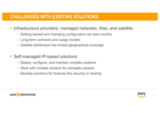 § Infrastructure providers: managed networks, fiber, and satellite
§ Getting started and changing configuration can take months
§ Long-term contracts and usage models
§ Satellite distribution has limited geographical coverage
§ Self-managed IP-based solutions
§ Deploy, configure, and maintain complex systems
§ Work with multiple vendors for complete solution
§ Develop solutions for features like security or sharing
4
CHALLENGES WITH EXISTING SOLUTIONS
 