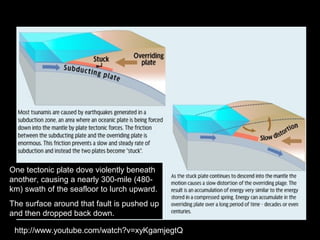 One tectonic plate dove violently beneath
another, causing a nearly 300-mile (480-
km) swath of the seafloor to lurch upward.
The surface around that fault is pushed up
and then dropped back down.

 http://www.youtube.com/watch?v=xyKgamjegtQ
 