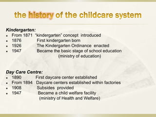 Kindergarten:
 From 1871 “kindergarten” concept introduced
 1876        First kindergarten born
 1926        The Kindergarten Ordinance enacted
 1947        Became the basic stage of school education
                          (ministry of education)


Day Care Centre:
 1890      First daycare center established
 From 1894 Daycare centers established within factories
 1908       Subsides provided
 1947        Became a child welfare facility
              (ministry of Health and Welfare)
 
