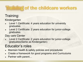Training:
Kindergarten
   Level 1 Certificate: 4 years education for university
    graduates
   Level 2 Certificate: 2 years education for junior-college
    graduates
Day care Center
   Level 2 Certificate: 2 years education for junior-college
    graduates(Same as Kindergarten)
Educator’s roles
   Maintain health & safety policies and procedures
   Create a framework for good programs and Curriculums
   Partner with parent…
 