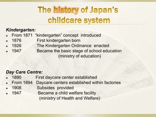 Kindergarten:
 From 1871 “kindergarten” concept introduced
 1876        First kindergarten born
 1926        The Kindergarten Ordinance enacted
 1947        Became the basic stage of school education
                          (ministry of education)


Day Care Centre:
 1890      First daycare center established
 From 1894 Daycare centers established within factories
 1908       Subsides provided
 1947        Became a child welfare facility
              (ministry of Health and Welfare)
 