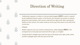 Direction of Writing
– Traditionally, Japanese is written in a format called tategaki (縦書き), which is inspired
by the traditional Chinese system. In this format, the characters are written in columns
going from top to bottom, with columns ordered from right to left. After reaching the
bottom of each column, the reader continues at the top of the column to the left of the
current one.
– Yokogaki
– Modern Japanese also uses another writing format, called yokogaki (横書き). This
writing format is horizontal and reads from left to right, as in English.
– A book printed in tategaki opens with the spine of the book to the right, while a book
printed in yokogaki opens with the spine to the left.
 
