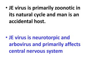 • JE virus is primarily zoonotic in
its natural cycle and man is an
accidental host.
• JE virus is neurotorpic and
arbovirus and primarily affects
central nervous system
 