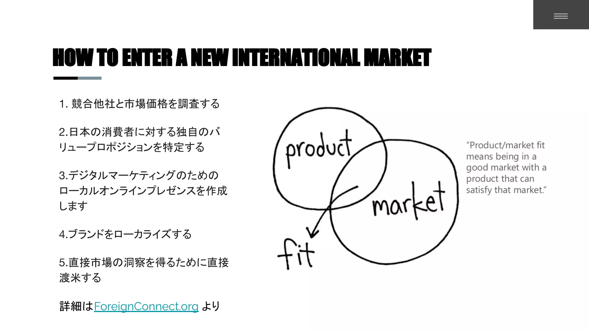 HOW TO ENTER A NEW INTERNATIONAL MARKET
1. 競合他社と市場価格を調査する
2.日本の消費者に対する独自のバ
リュープロポジションを特定する
3.デジタルマーケティングのための
ローカルオンラインプレゼンスを作成
します
4.ブランドをローカライズする
5.直接市場の洞察を得るために直接
渡米する
詳細はForeignConnect.org より
 