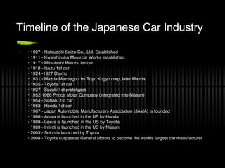 Timeline of the Japanese Car Industry ･ 1907 - Hatsudoki Seizo Co., Ltd. Established ･ 1911 - Kwaishinsha Motorcar Works established ･ 1917 - Mitsubishi Motors 1st car ･ 1918 - Isuzu 1st car ･ 1924 -1927 Otomo ･ 1931 - Mazda Mazdago - by Toyo Kogyo corp, later Mazda ･ 1935 - Toyota 1st car ･ 1937 - Suzuki 1st prototypes ･ 1952-1966  Prince Motor Company  (integrated into Nissan) ･ 1954 - Subaru 1st car ･ 1963 - Honda 1st car ･ 1967 - Japan Automobile Manufacturers Association (JAMA) is founded ･ 1986 - Acura is launched in the US by Honda ･ 1989 - Lexus is launched in the US by Toyota ･ 1989 - Infiniti is launched in the US by Nissan ･ 2003 - Scion is launched by Toyota ･ 2008 - Toyota surpasses General Motors to become the worlds largest car manufacturer 