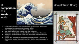 In
comparison
to a
Western
work

●
●
●
●
●
●

Saint Matthew from the Book of Lindisfarne - good example of a common
Medieval painting (religious theme, biblical writer)
Both are examples of common 2D art of the time
Bold, solid colors, drastic shading (very little gradients)
Great wave is woodblock print, Saint Matthew is illuminated Manuscript
Woodblock prints not valued in their time, illuminated manuscripts highly
valued
painting of St. Matthew has religious significance (glorifies Christianity, St.
Matthew, the Word of God etc), Great Wave glorifies nature/landscapes of
Earth

(Great Wave Cont.)

 