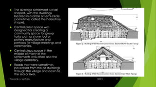  The average settlement is oval
shaped, with the dwellings
located in a circle or semi-circle
(sometimes called the horseshoe
shape).
 Central plaza space was
designed for creating a
community space for group
tasks such as stone tool or
pottery manufacture and
perhaps for village meetings and
ceremonies.
 Central plaza space in the
middle of many of the
settlements was often also the
village cemetery.
 Roads that were sometimes
paved led from the pit dwellings
through the village and down to
the sea or river.
18ARC14Presented By: Ar. Sujit Prabhu 10
 