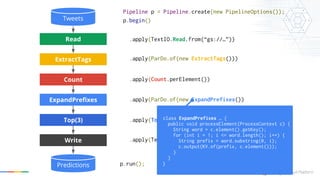 Count
ExpandPrefixes
Top(3)
Write
Read
ExtractTags
Tweets
Predictions
Pipeline p = Pipeline.create(new PipelineOptions());
p.begin()
p.run();
.apply(ParDo.of(new ExtractTags()))
.apply(Top.largestPerKey(3))
.apply(Count.perElement())
.apply(ParDo.of(new ExpandPrefixes())
.apply(TextIO.Write.to(“gs://…”));
.apply(TextIO.Read.from(“gs://…”))
class ExpandPrefixes … {
public void processElement(ProcessContext c) {
String word = c.element().getKey();
for (int i = 1; i <= word.length(); i++) {
String prefix = word.substring(0, i);
c.output(KV.of(prefix, c.element()));
}
}
}
 