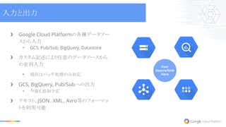 ❯ Google Cloud Platformの各種データソー
スから入力
• GCS, Pub/Sub, BigQuery, Datastore
❯ カスタム記述により任意のデータソースから
の並列入力
• 現在はバッチ処理のみ対応
❯ GCS, BigQuery, Pub/Subへの出力
• 今後も追加予定
❯ テキスト、JSON、XML、Avro等のフォーマッ
トを利用可能
Your
Source/Sink
Here
入力と出力
 
