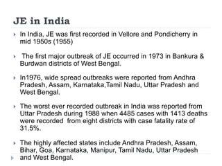 JE in India
 In India, JE was first recorded in Vellore and Pondicherry in
mid 1950s (1955)
 The first major outbreak of JE occurred in 1973 in Bankura &
Burdwan districts of West Bengal.
 In1976, wide spread outbreaks were reported from Andhra
Pradesh, Assam, Karnataka,Tamil Nadu, Uttar Pradesh and
West Bengal.
 The worst ever recorded outbreak in India was reported from
Uttar Pradesh during 1988 when 4485 cases with 1413 deaths
were recorded from eight districts with case fatality rate of
31.5%.
 The highly affected states include Andhra Pradesh, Assam,
Bihar, Goa, Karnataka, Manipur, Tamil Nadu, Uttar Pradesh
and West Bengal.
 