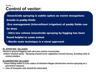 Cont….
Control of vector:
-Insecticide spraying is subtle option as vector mosquitoes
breeds in paddy fields
-Eco management (intermittent irrigation) of paddy fields can
be done
- Ultra low volume insecticide spraying by fogging has been
found helpful to some extent
- Sterile male technique is a novel approach
IN AFFECTED VILLAGES:
-Aerial or ground fogging with ultra low volume insecticides
-Indoor residual spray - Spraying should cover vegetation around houses, breeding sites &
animal shelters
IN UNINFECTED VILLAGES:
- Those falling within 2-3 km radius of infected villages should also receive spraying as a
preventive measure
 Use of mosquito nets should be advocated
 