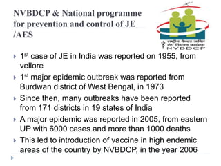 NVBDCP & National programme
for prevention and control of JE
/AES
 1st case of JE in India was reported on 1955, from
vellore
 1st major epidemic outbreak was reported from
Burdwan district of West Bengal, in 1973
 Since then, many outbreaks have been reported
from 171 districts in 19 states of India
 A major epidemic was reported in 2005, from eastern
UP with 6000 cases and more than 1000 deaths
 This led to introduction of vaccine in high endemic
areas of the country by NVBDCP, in the year 2006
 