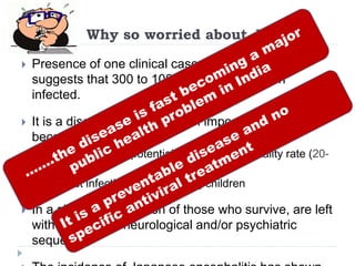 Why so worried about JE…???
 Presence of one clinical case in the community
suggests that 300 to 1000 people have been
infected.
 It is a disease of public health importance
because.....
 ....of its epidemic potential and high case fatality rate (20-
40%).
 .....most infections occur among children
 In a sizeable proportion of those who survive, are left
with permanent neurological and/or psychiatric
sequelae.
 