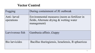 Vector Control
Fogging During containment of JE outbreak
Anti- larval
operations
Environmental measures (neem as fertilizer in
fields, Alternate drying & wetting water
management)
Larvivorous fish Gambusia affinis ,Guppy
Bio larvicides Bacillus thuringiensis, Israelensis, B sphaericus
44
 