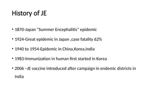 History of JE
• 1870-Japan “Summer Encephalitis” epidemic
• 1924-Great epidemic in Japan ,case fatality 62%
• 1940 to 1954-Epidemic in China,Korea,India
• 1983-Immunization in human first started in Korea
• 2006 –JE vaccine introduced after campaign in endemic districts in
India
 