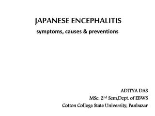 JAPANESE ENCEPHALITIS
symptoms, causes & preventions
ADITYA DAS
MSc. 2nd Sem,Dept. of EBWS
Cotton College State University, Panbazar
 