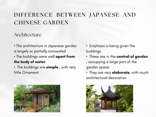 DIFFERENCE BETWEEN JAPANESE AND
CHINESE GARDEN
Architecture
• The architecture in Japanese garden
is largely or partially concealed
• The buildings were well apart from
the body of water
• The buildings are simple , with very
little Ornament
• Emphasis is being given the
buildings
• These are in the central of garden
; occupying a large part of the
garden space
• They are very elaborate, with much
architectural decoration
 