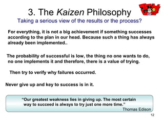 12
3. The Kaizen Philosophy
The world is constantly changing. Therefore, corporations as well as the people are
changing, if countermeasures are not practiced, one cannot survive.
At first, explore the changes that are under the constraints.
There is an infinite ways of changing but in able to survive, change is finite. However, no
one knows what is the BEST changing. Possibility for changes in BEST are hidden
from the changes in non-BEST.
The valuation of whether it is BEST or not is, because the decision is made by the external
world (customers), the decision itself cannot determine and be concluded.
When the evaluation of the outside world is good, then that is the good one.
Therefore, the first thing we need to do is to take action of the changes.
Results will be known if action is taken, the next action can be taken if the results is
analyzed.
Getting cold.
Countermeasure 1: Wear a coat.
Countermeasure 2: Use the heating system.
Countermeasure3: Move to a warmer place.
Select the BEST option
to fit the constraints.
 