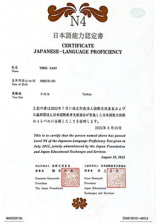 Japanese N4 Certificate