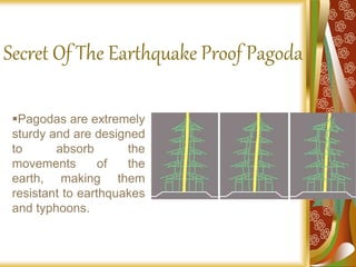 Secret Of The Earthquake Proof Pagoda
Pagodas are extremely
sturdy and are designed
to absorb the
movements of the
earth, making them
resistant to earthquakes
and typhoons.
 