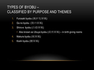 TYPES OF BYOBU –
CLASSIFIED BY PURPOSE AND THEMES
  1.   Furosaki byobu (風炉先屏風)
  2.   Ga no byobu (賀の屏風)
  3.   Shiro-e byobu (白絵屏風)
       • Also known as Ubuya byobu (産所屏風) – in birth giving rooms
  4.   Makura byobu (枕屏風)
  5.   Koshi byobu (腰屏風)
 