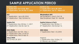 SAMPLE APPLICATION PERIOD
WASEDA SPSE
1st Application: Oct 13-26, 2017
2nd Application: Jan 26-Feb 13, 2018
WASEDA SILS
1st Application: Jan 6-30, 2018
2nd Application: Jan 31 – March 23
ICU
1st Application: Jan 6-22, 2018
2nd Application: Feb 16-March 6
Ritsuimeikan APU
Apr Enrollment: June 5- Oct 18
Sept Enrollment: Sept 18 – Mar 28
Sophia FLA
1st Application: Nov 20-Dec 11, 2017
2nd Application: Mar 26- Apr 16
Sophia Science & Tech
1st Application: Nov 20-Dec 11
2nd Application: Mar 26-Apr 16
KEIO PEARL
1st Application: Oct 20 – Dec 1
2nd Application: Dec 13-Jan 31
3rd Application: Feb 27-Apr 10
KEIO GIGA
1st Application: Feb 1-13, 2018
Tokyo PEAK
Oct 27-Nov 29, 2017
Nagoya
1st Application: Nov 15-Dec 12
2nd Round: Jan 15-Feb 7
 